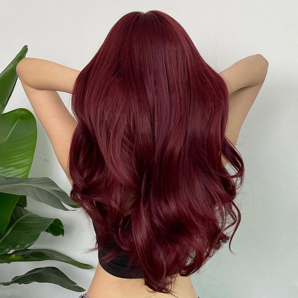 Neue weinrote synthetische Perücke mit Pony, große Wellen, langes lockiges Haar, tägliche Feiertagsperücke, Hochtemperaturseide, Vollkopfbedeckung