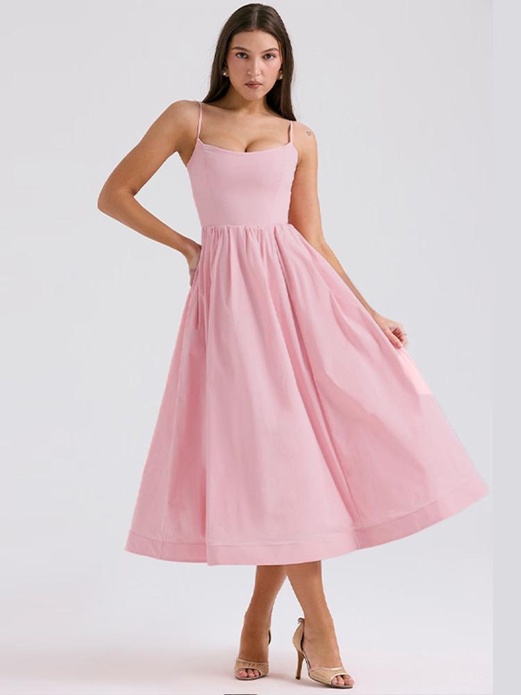Women Elegant Solid Party Strap Midi Dress Fashion Pink U-neck Sleeveless High Street Dresses Summer Y2k Pleat Backless A-line Robes