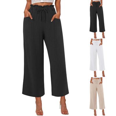 Women Linen Pants Wide Leg Elastic High Waisted Palazzo Trousers Casual Loose Beach Vacation Clothes With Pockets