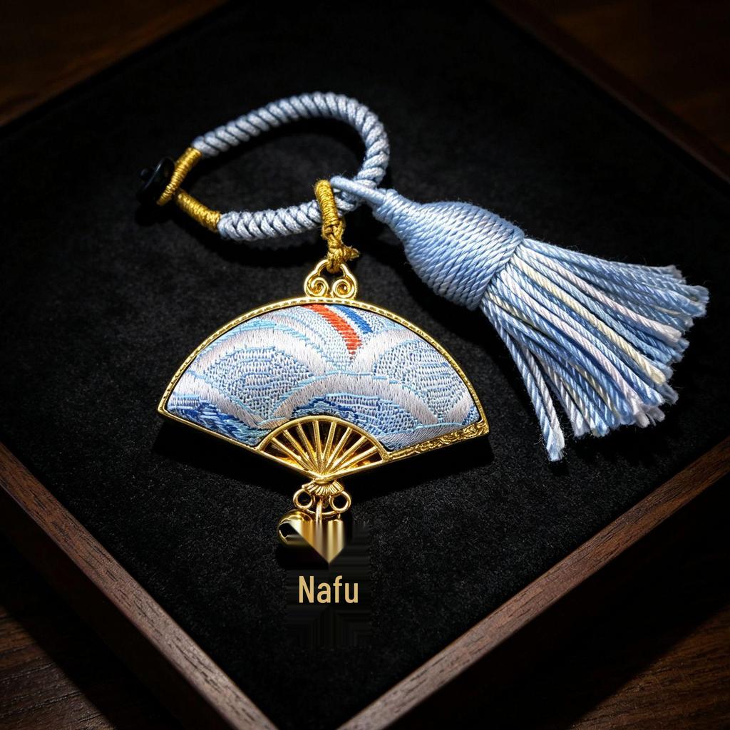 Handmade Double-Sided Brocade Fan Keychain Pendant and Bag Charm