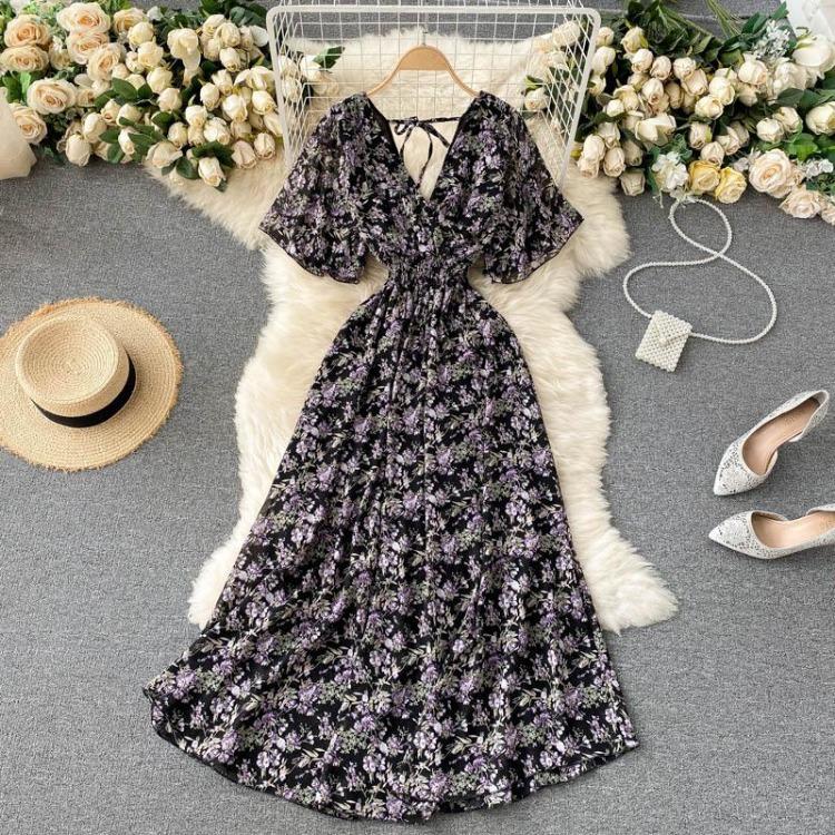 Women Floral Summer Short Sleeve V Neck A Line High Waist Ruched Long Dress