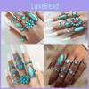 Vintage Ethnic Style Alloy Leaf Ring Set With Turquoise Inlay Fashionable And Unique 8-piece Ring Set