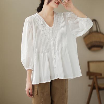 Frühling Herbst Baumwolle Organza Hemd Damen V-Ausschnitt Laternenärmel Spitzeneinsatz Oberteil Locker Einfarbiges Hemd Blusen & Hemden