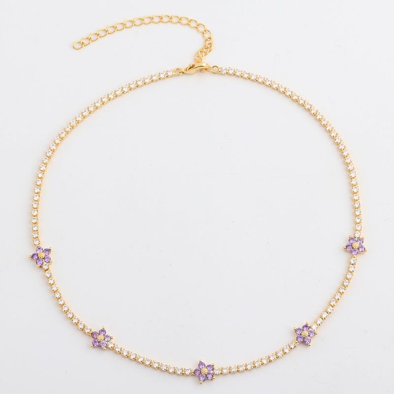 Iced Out Bling Rainbow Colorful Cubic Zirconia CZ Tennis Chain Women Charm Flower Choker Necklace Jewelry collares para mujer