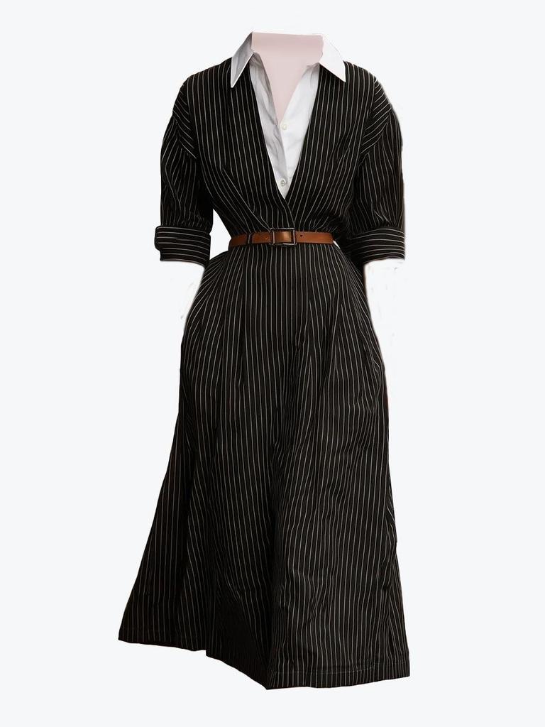 European & American Women's Retro Striped Shirt Dress, Autumn Collection - Loose Fit with Waist-Cinching, Color-Block, Shirt Collar Design