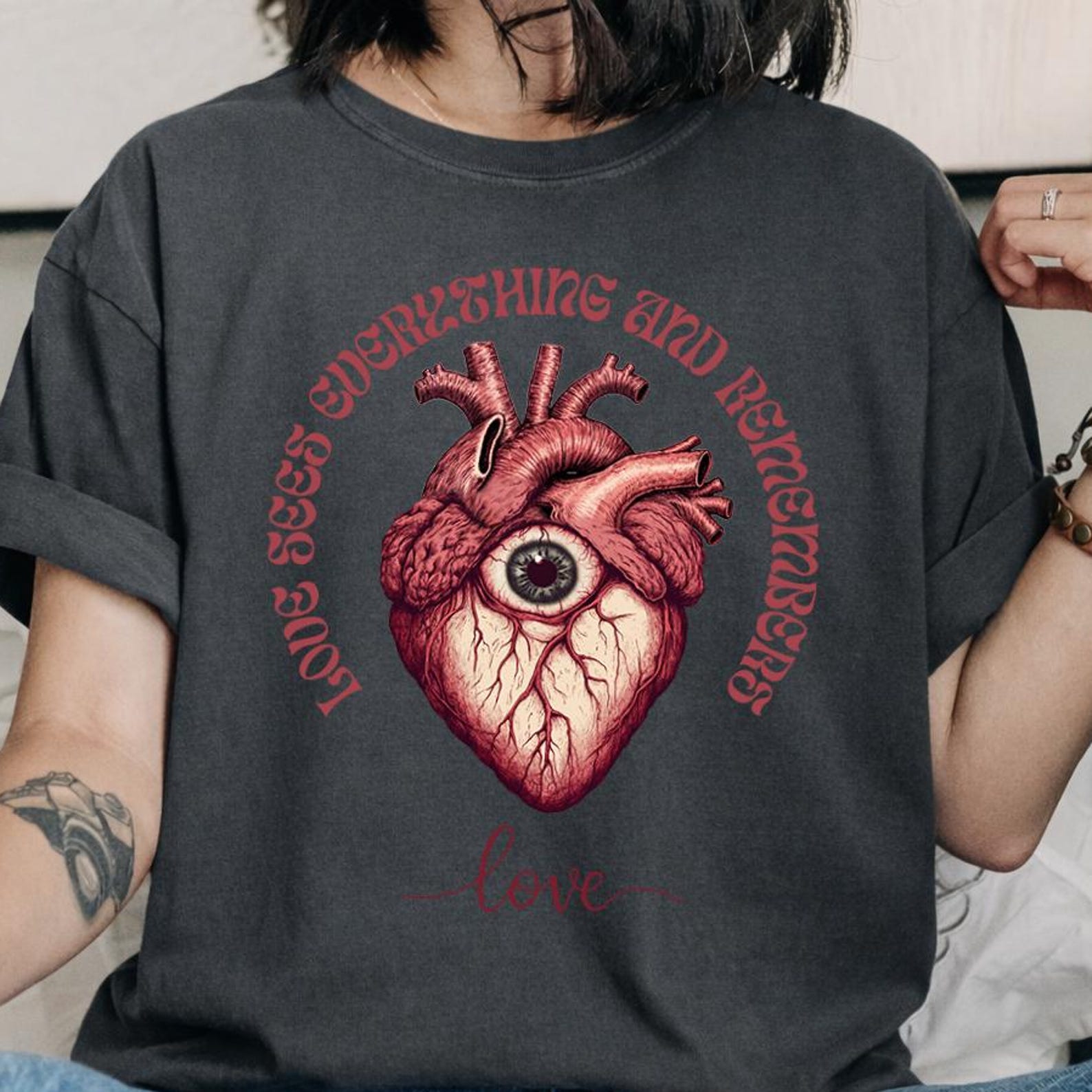 Love Sees Everything Shirt, Anatomical Heart Eye Tee, Gothic Valentine Shirt, Comfort Colors Love Remembers T shirt L