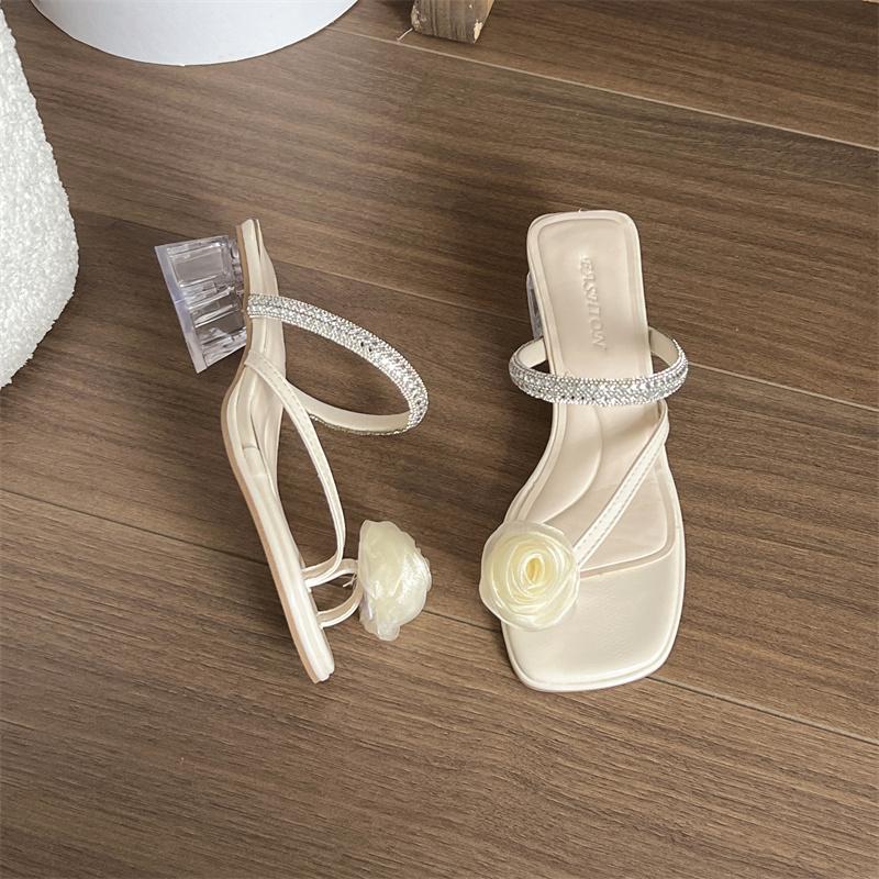 French Thick-heeled Sandals for Women To Wear In Summer, Paired with Skirts, Rhinestone Fairy High Heels and Flip-flops