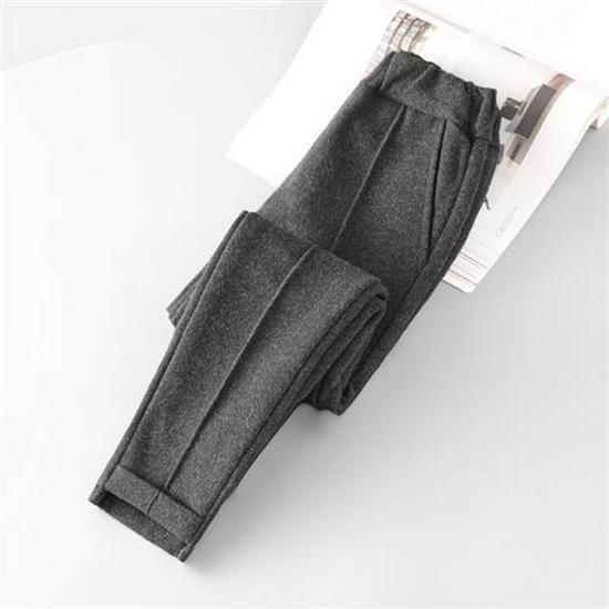 Woolen High-Waist Fleece-Lined Slimming Cigarette Pants, Autumn/Winter, Elastic Waist, Cropped Loose Fit