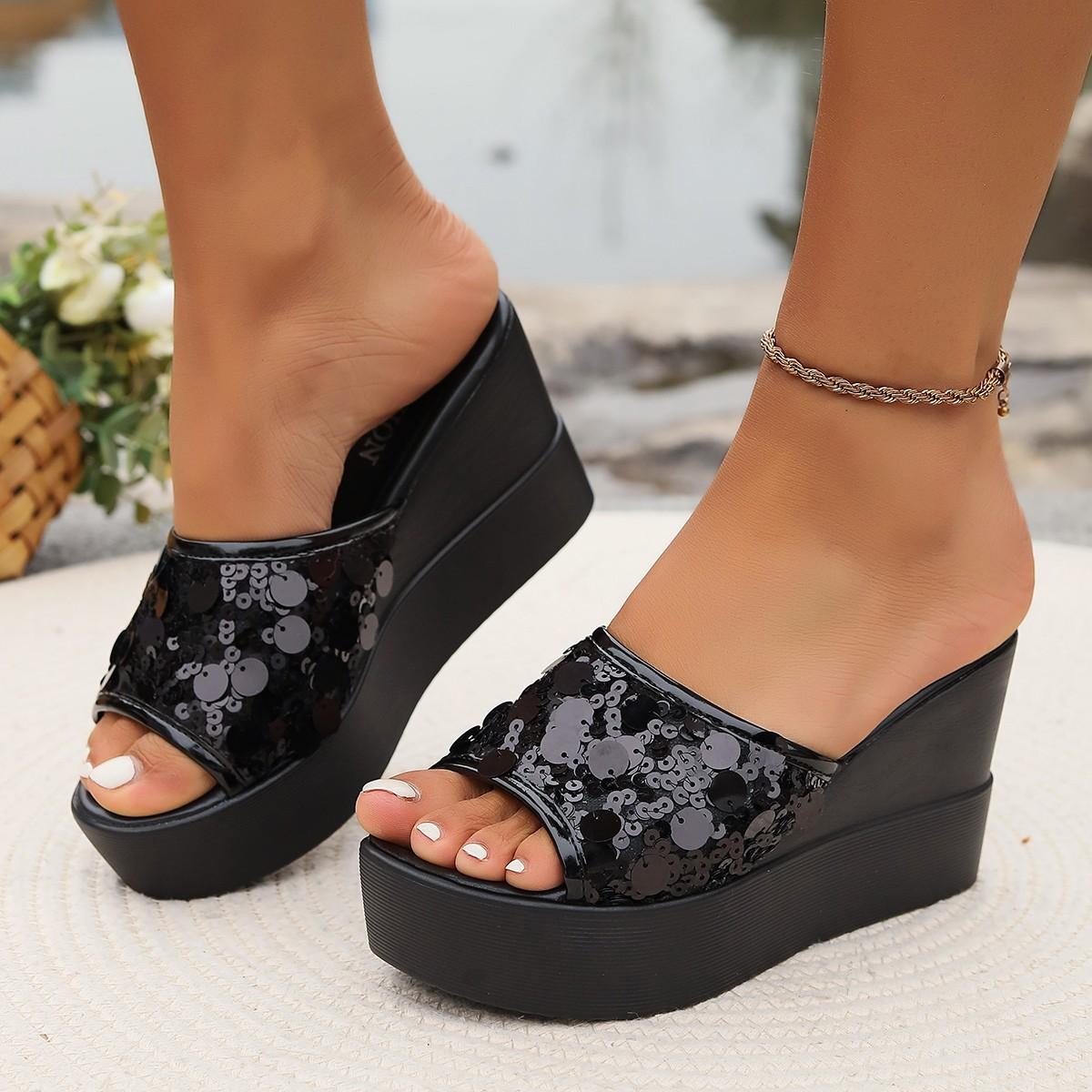 

2025 Large Size Sequins Fashion Wedge Heel High Heel Lady Foreign Versatile Women s Cool Slippers 42