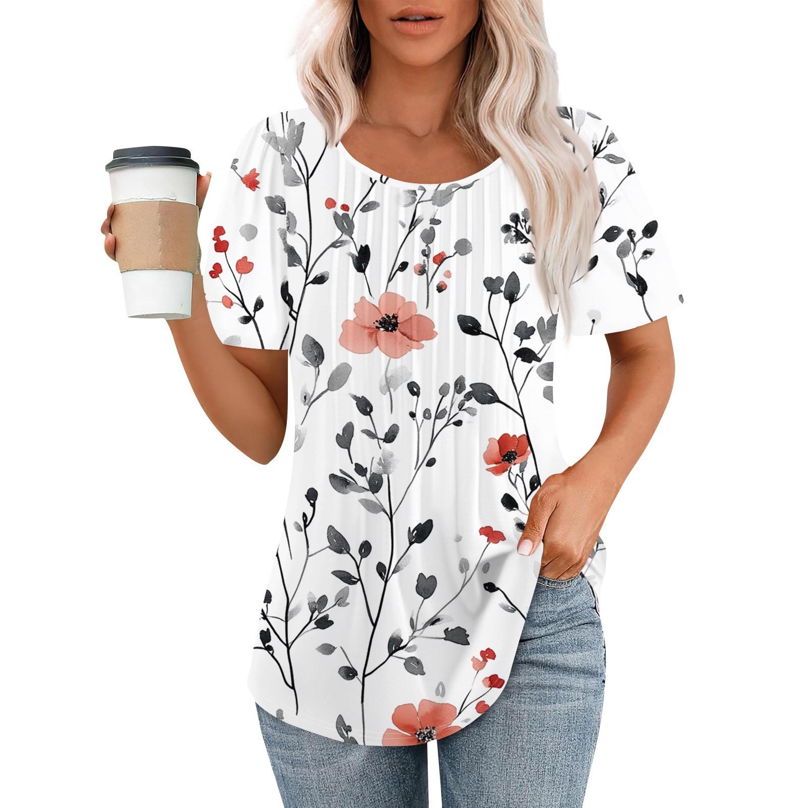 

Женская модная повседневная плиссированная футболка в полоску с круглым вырезом и цветочным принтом с короткими рукавами, топ L синий