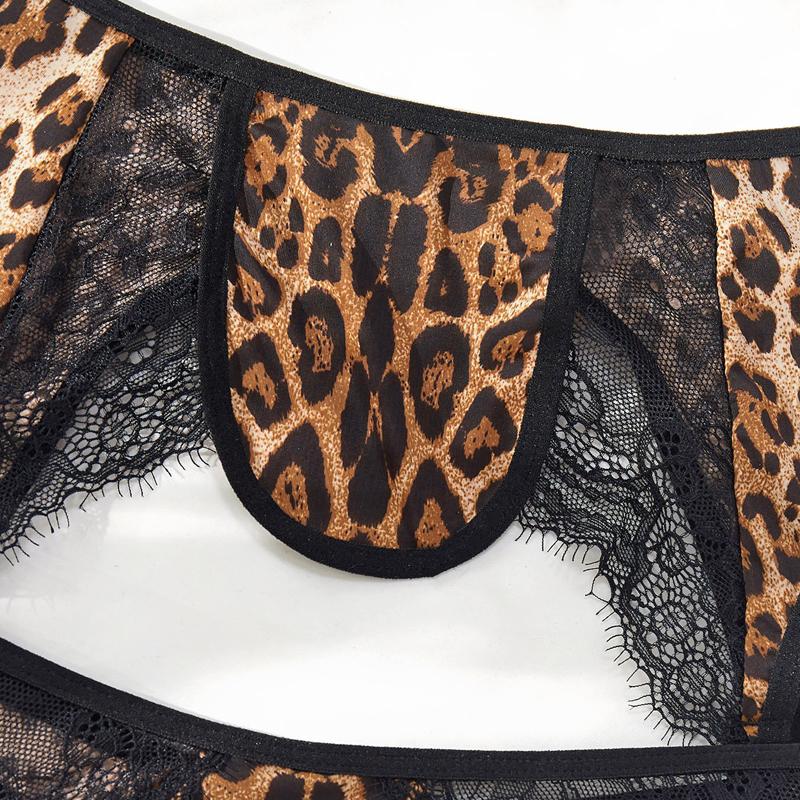 Sexy Women’s Leopard Print Lingerie Set Lace Patchwork Underwear Low Cut Push Up Three Piece Set