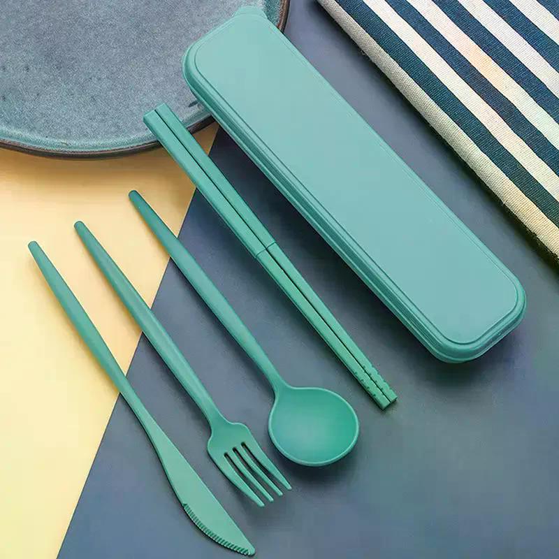 4Pcs Portable Utensils Healthy Eco-Friendly Wheat Straw Cutlery Reusable Chopstick Fork Knife Spoon Set
