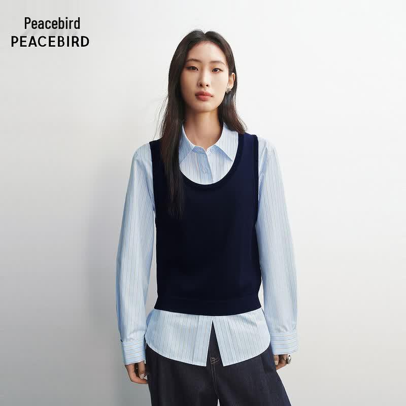 PEACEBIRD Women s Striped Lapel Commuter Long-Sleeve Shirt M