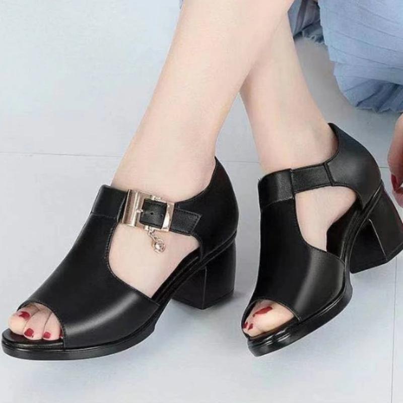 Ladies Shoes On Sale 2024 Brand One-word Buckle Women's Sandals Summer Solid Open Toe Chunky Heels Roman Fish Mouth Sandals