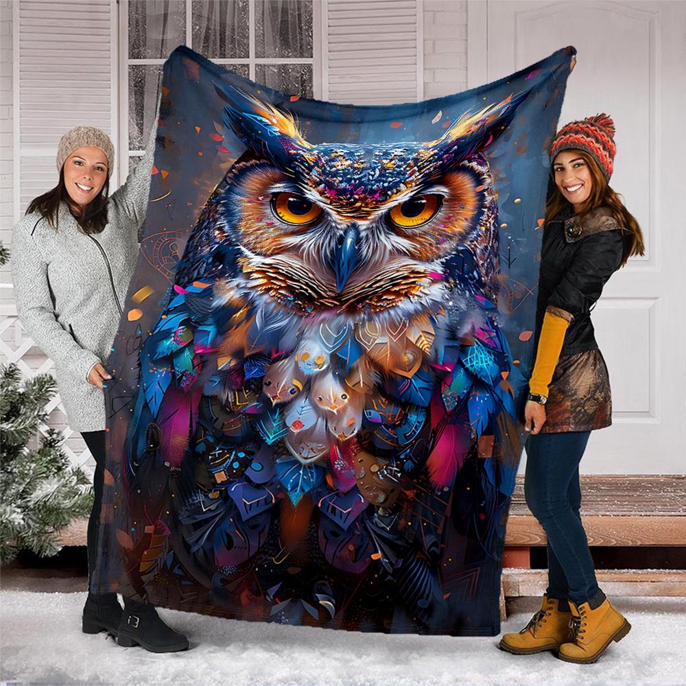 1pc Owl Print Throw Blanket Polyester Fiber, Lightweight Flannel, Soft & Warm, All Season Use for Outdoor, Camping Digital Print