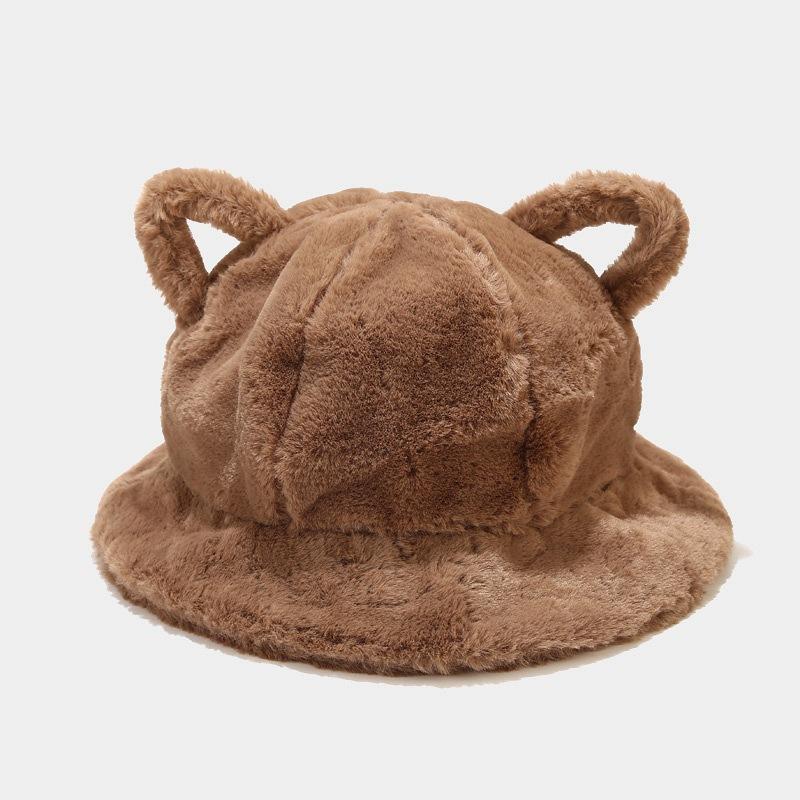 Women's Bucket Hat Winter Cute Cat Ear Plush Fisherman Cap Keep Warm Faux Fur Leopard Bob Cap Female