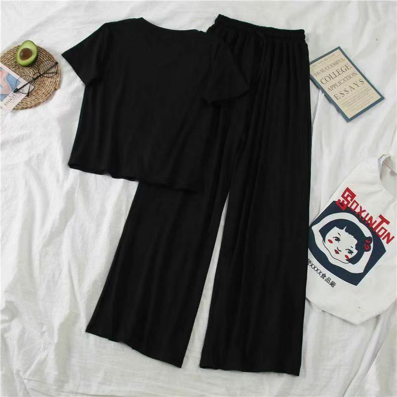 Korean Chic Petite Two-Piece Set: Short Sleeve & Wide-Leg Pants for Women