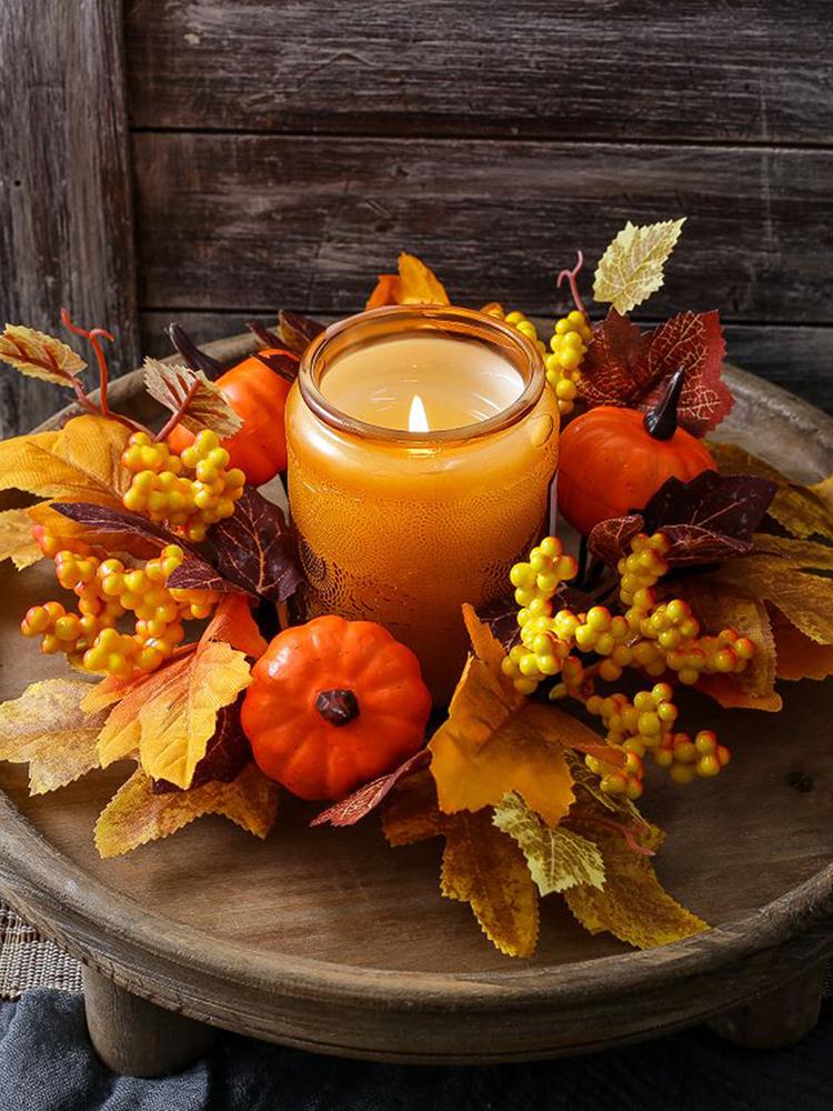 Fall Candle Ring Wreaths Pillar Candle Ring Decorations Harvest Maple Leaves Pumpkins Berries Garland for Fall Thanksgiving