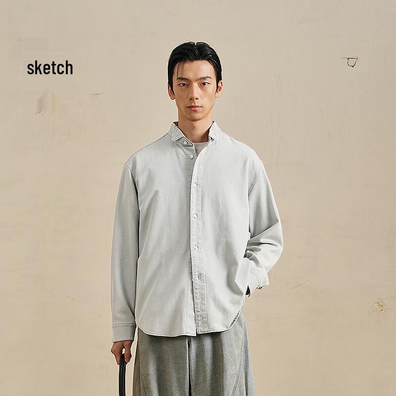 CROQUIS Men's Cotton Loose Fit Stand-Up Collar Long Sleeve Shirt