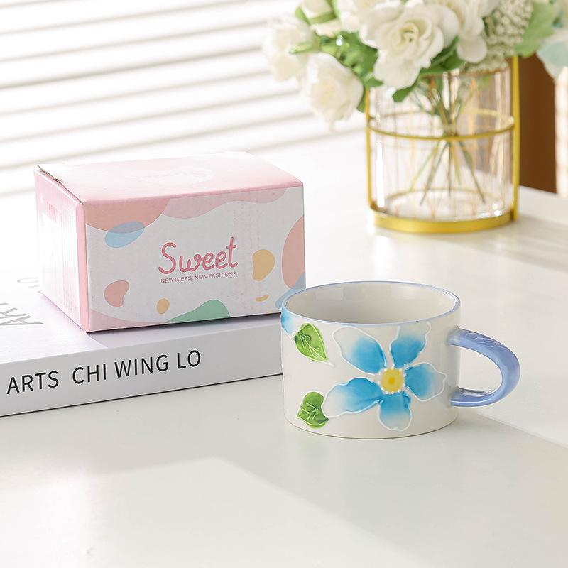 Creative Mug Japanese Hand Painted Embossed Ceramic Mug  Household Breakfast Mug  Couple Water Cup  High Value Coffee Mug