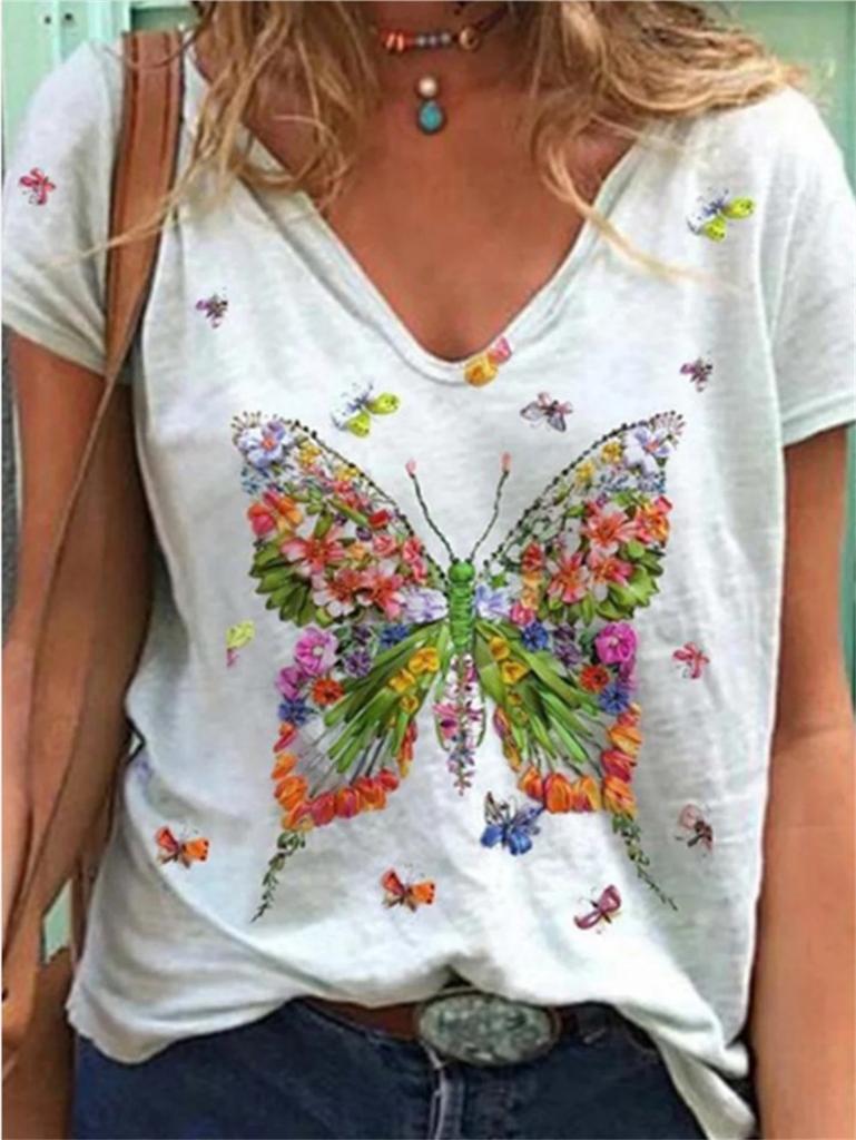 Fashion Spring  Butterfly Print Blouses Short Sleeved V-Neck T Shirts Casual