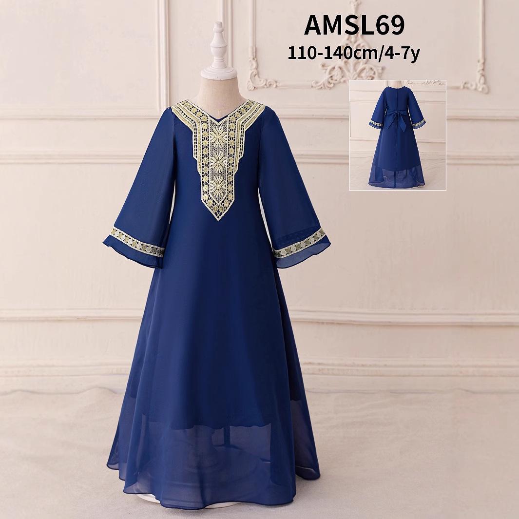 

Темно-синее вышитое шифоновое мусульманское вечернее платье с длинными рукавами и пышной юбкой 110cm (4 Years)