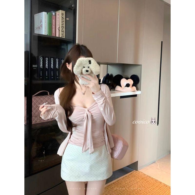 Pure Desire Style Suit Pink Thin Cardigan Short Outwear Women's Clothing Autumn Inner Wear Lace-up Tube Top Vest Two-Piece Set
