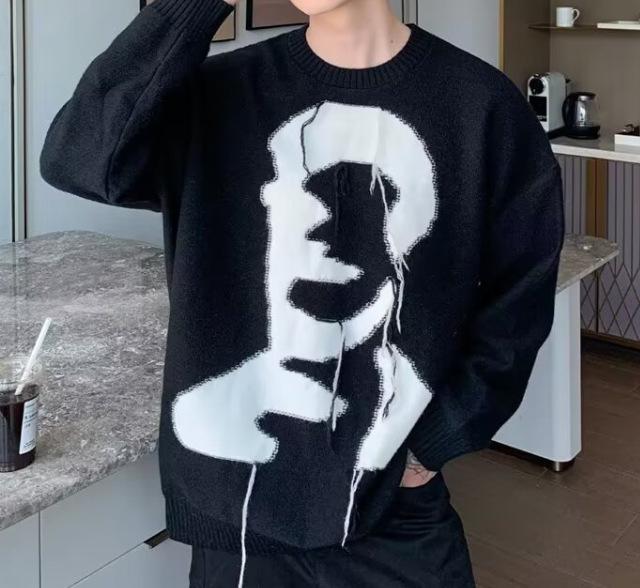 Men s Harajuku-Style Long Sleeve Sweater - Versatile & Trendy Japanese Fashion Large чёрный