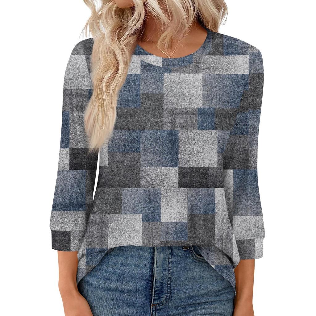 Women's Fashion Casual Round Neck 3/4 Sleeve Loose  Printed T-Shirt Ladies Top