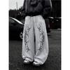 Black Wide Leg Men's Sports Pants, White Flame and Tribal Abstract Print Loose, Urban Street Style