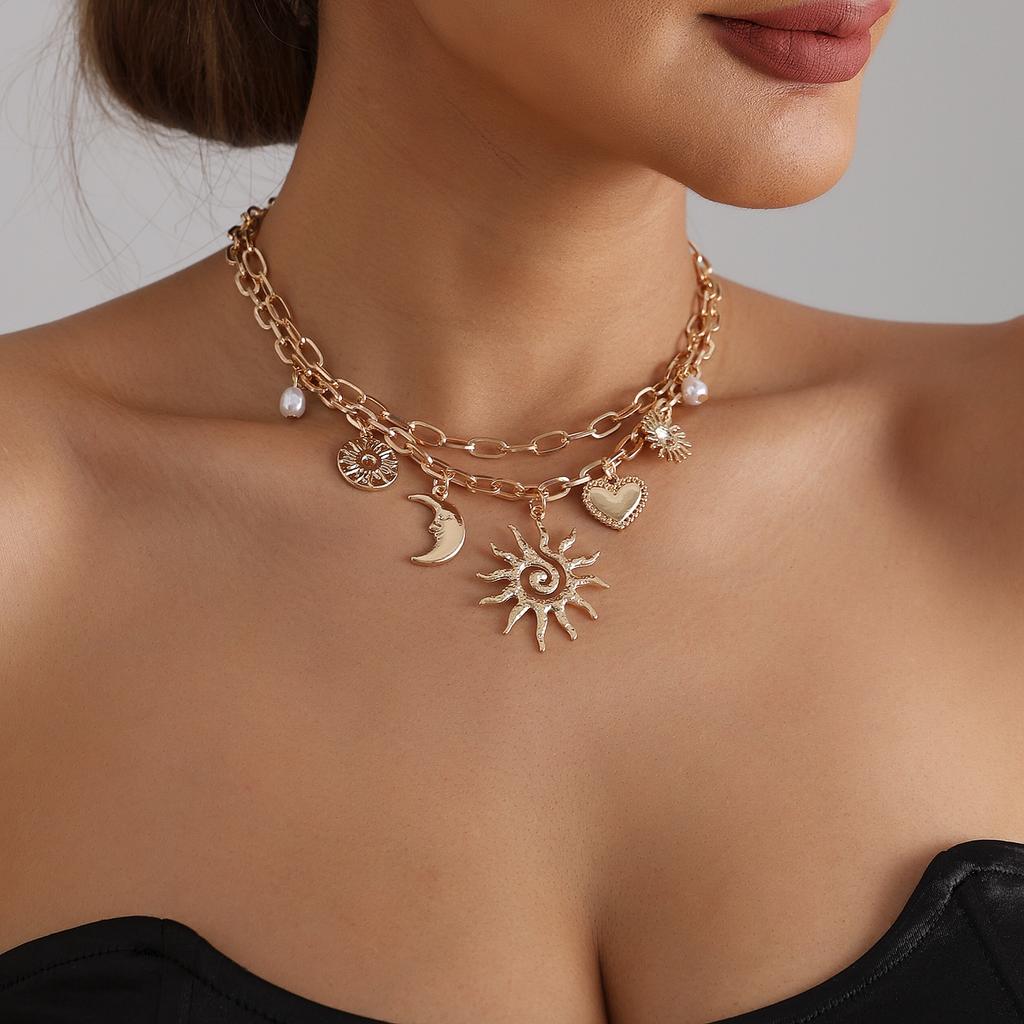 European and American jewelry retro ethnic wind sunflower necklace women's fashion multi-element moon love necklace