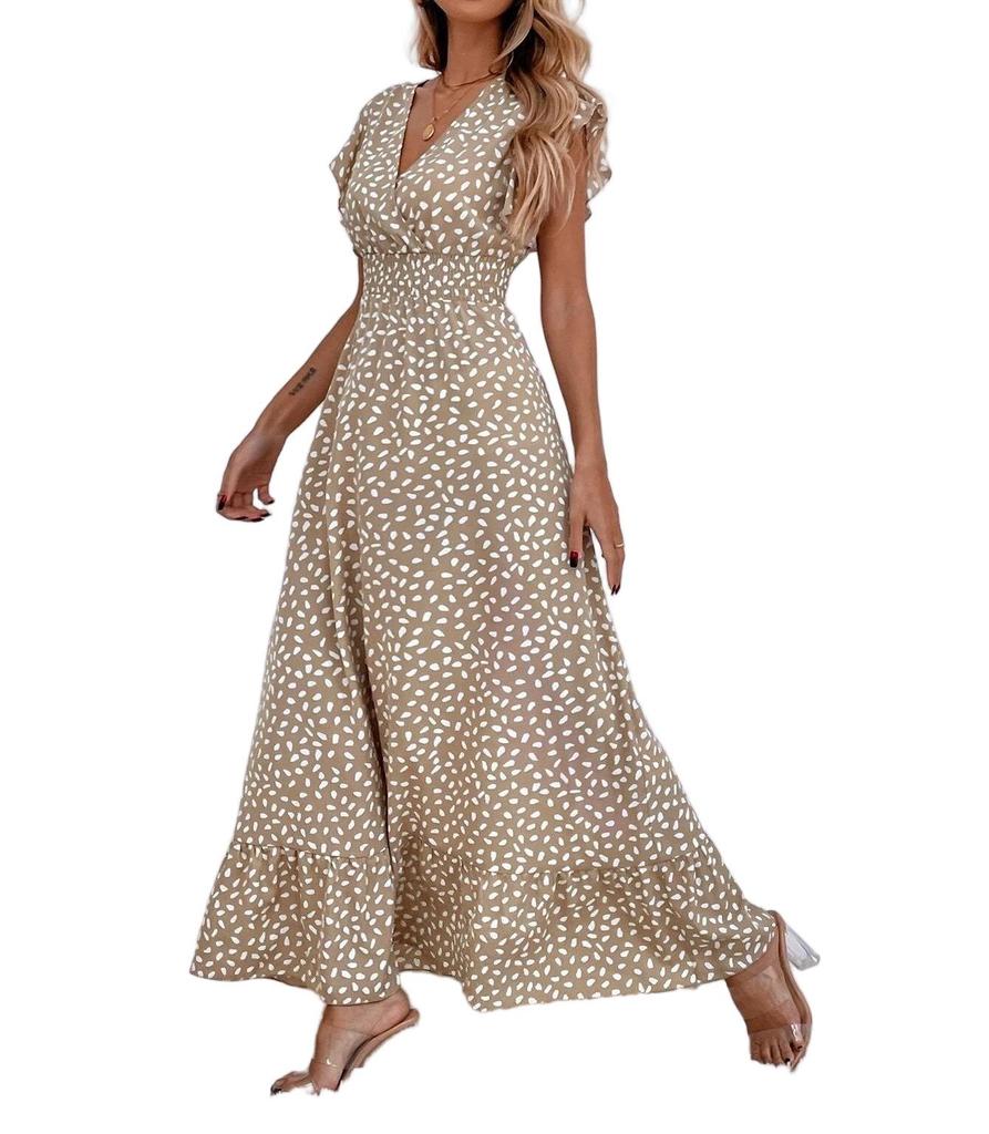 European & American Women's Fashion Spring/Summer 2025 V-Neck Waist-Hugging Long Dress Ruffle Elegant Style