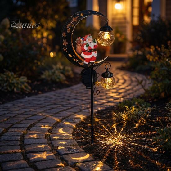 Christmas Pathway Lighting Santa Garden Stake Light, Solar Powered Crescent Moon Lamp, Double Outdoor Festive Ground Stakes Glass Globes, Waterproof
