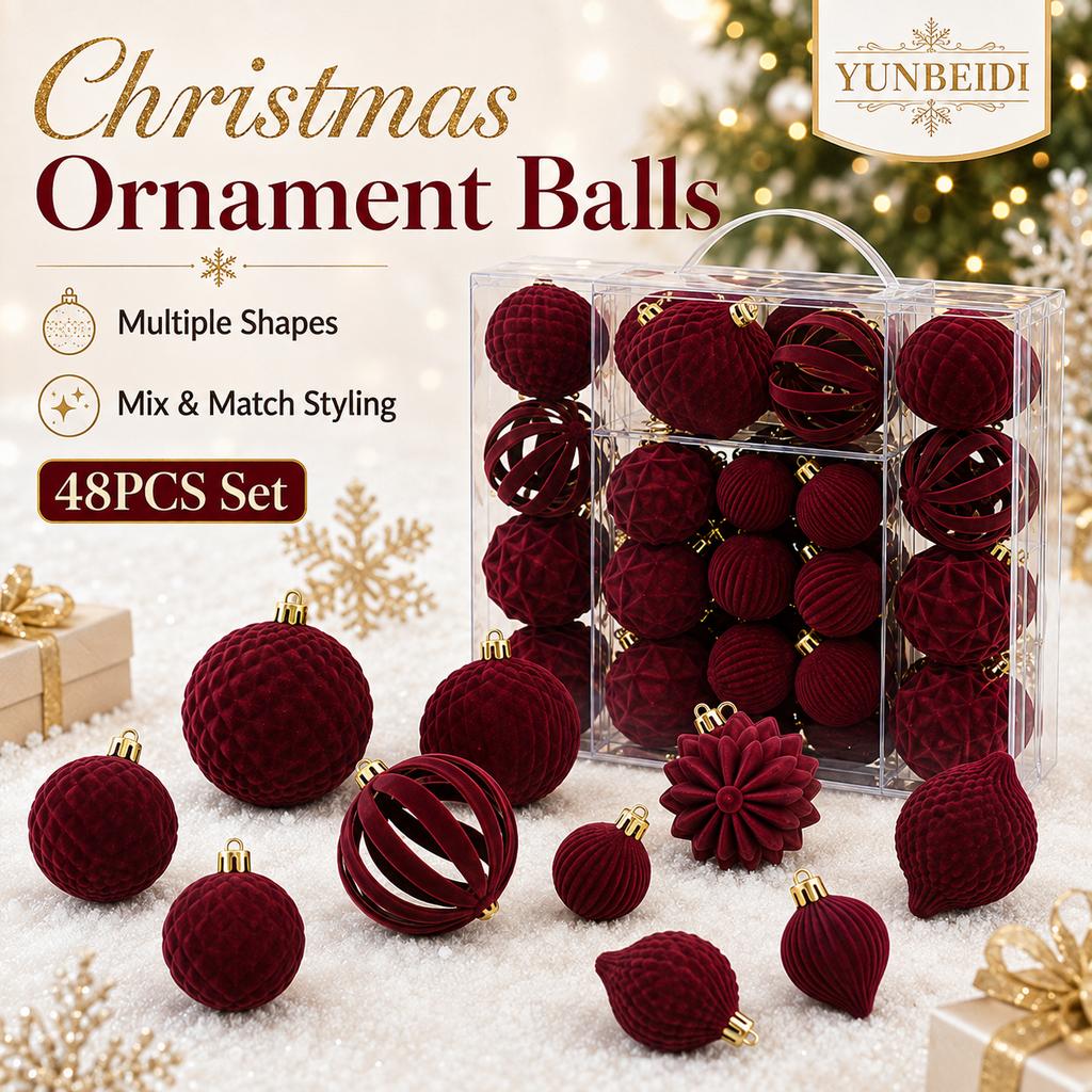 Velvet Christmas Ornament Balls Set 48PCS Plastic Flocked Baubles DIY Christmas Tree Decor Holiday Home Party Hanging Decor