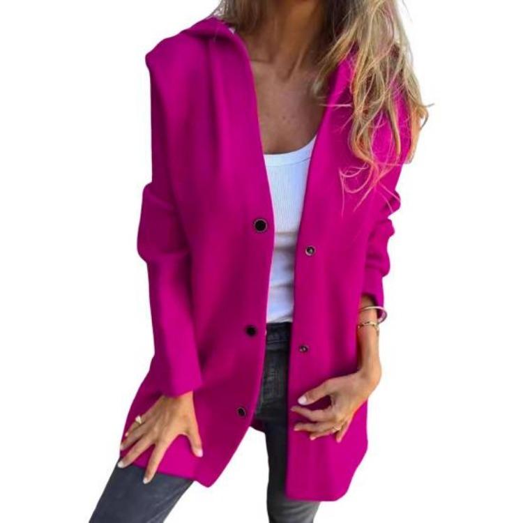 Loose Mid Length Coat Cardigan for Women Thick Hooded with Pockets Solid Color Down Button Fall Winter Outdoor Travel