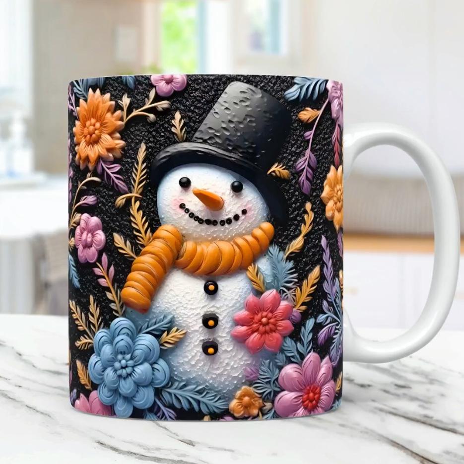 3D Christmas Ceramic Coffee Mug Tea Cup Snowman Flower Snowflake