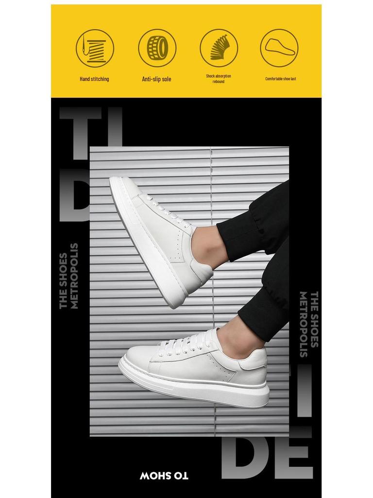 Hvite Herresneakers i Ekte Skinn, Lei Jun-stil: Lav topp, tykk såle, allsidig for jobb og sport.