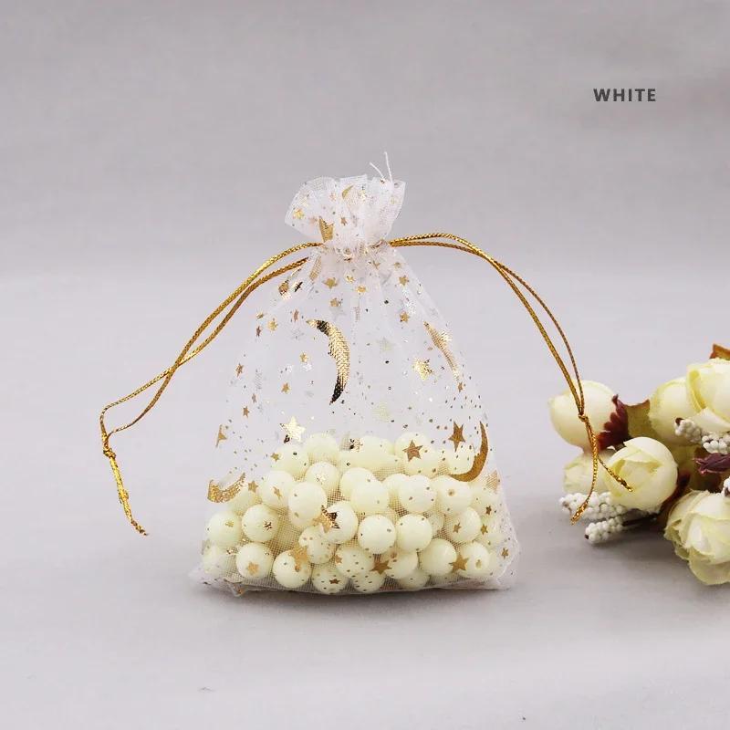 50pcs/lot Moon Star Organza Bags, Wedding Favors Bags With Drawstring, Organza Sack Drawstring Candy Packaging Bags For New Year