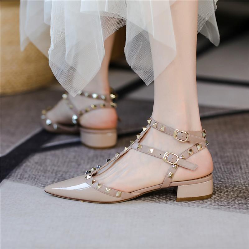 Spring New Rivet Middle Heel Shoes Women's Strap Buckle Thick Heel Sexy Willow Pointed Sandals Women's Shoes