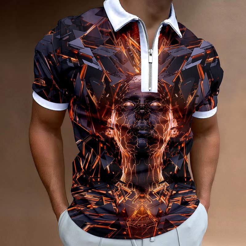 Trendy Abstract Graphic Zip Collar Short Sleeve Polo Shirt, Fashionable Casual Top