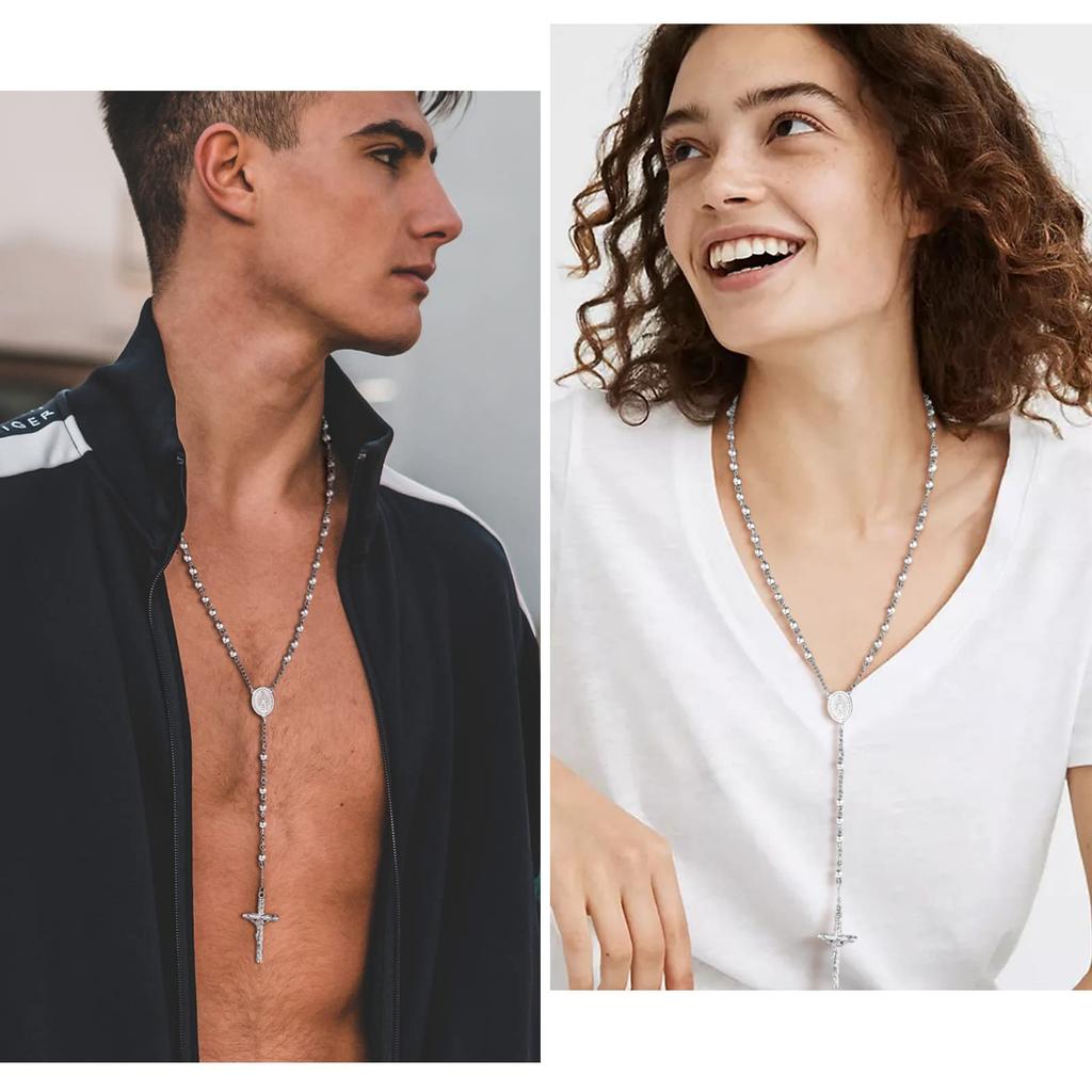 ChainsPro Y-shaped Long Necklace for Women, Cross, Crucifix, Virgin Mary, Miraculous Medal, Rosary Accessory