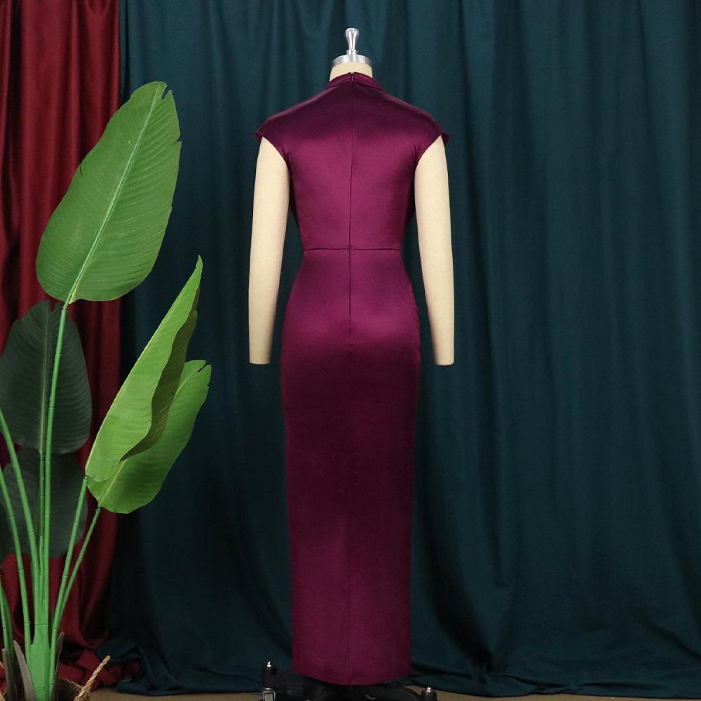 AM211217 High Waist Red Midi Evening Dress - Solid Color, Elegant Style