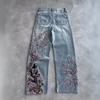 Jean droit taille haute unisexe coupe ample Y2K Brodé Streetwear Pantalon en jean