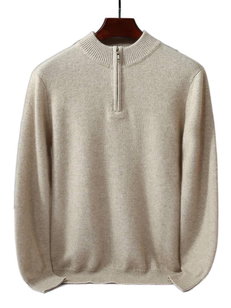 Men's Cashmere Knit Zipper Sweater - Solid Color, Loose Fit, Half-High Collar, Autumn/Winter Collection