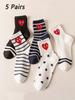 Five pairs of women funny love eyes striped horizontal stripes polka dot mid-tube socks Fashion spring and autumn polyester brea