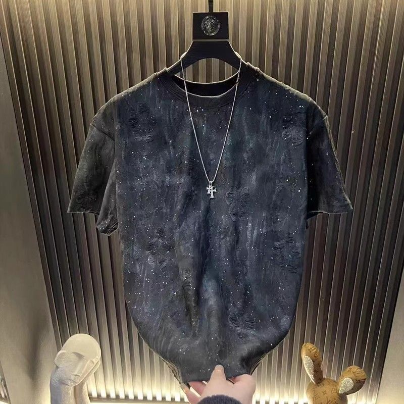 

Summer Men s Short Sleeved Trendy Distressed Round Neck Half Sleeve T Shirt S чорний