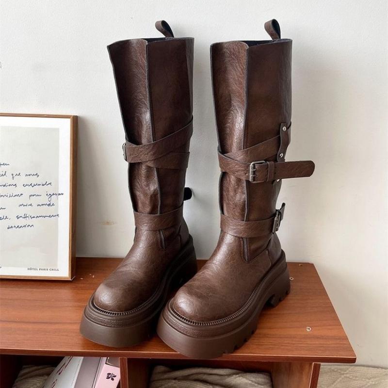 Herbst Winter Braun-Schwarz Leder Gürtelschnalle Über-das-Knie-Stiefel-Retro Klobiger Absatz Höhensteigernd Mittellang Reitstiefel