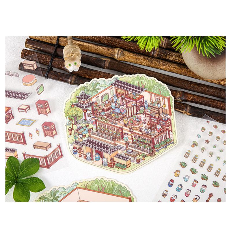 Zahlreiche Stile von Cartoon-Landschaftsaufklebern, Miniaturwelten, kleine kreative 3D-Hütten, dekomprimierende DIY-Szenen, Haustieraufkleber