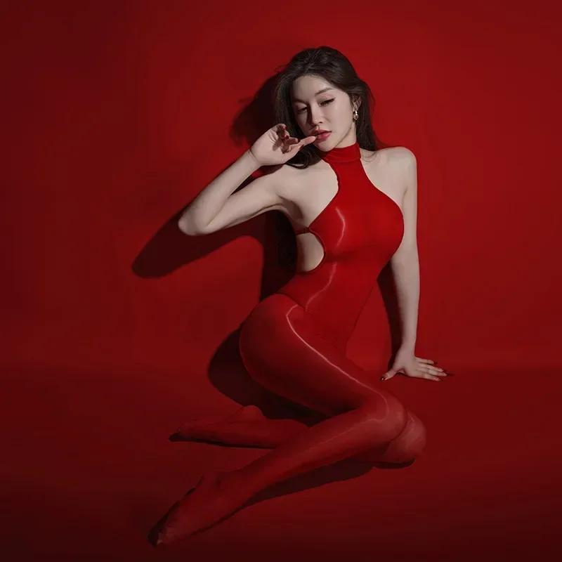 Sexy Women Backless Shiny Glossy Full Bodystockings Open/Closed Crotch Pantyhoses Transparent Jumpsuit Sex Game Sm Tights
