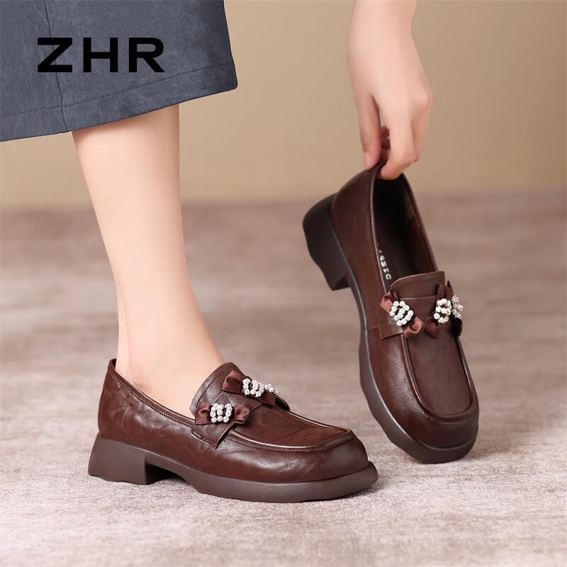 ZHR Women s Genuine Leather Block Heel Loafers 38